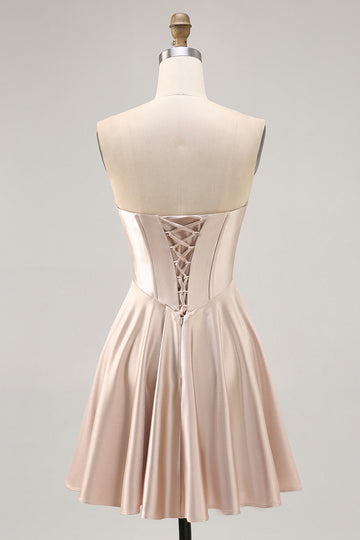 Champagne Corset Satin Strapless Homecoming Dress